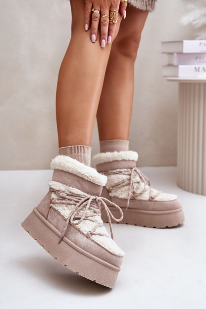 STEP IN STYLE Front Lacing European Snow Boots in Beige & Black