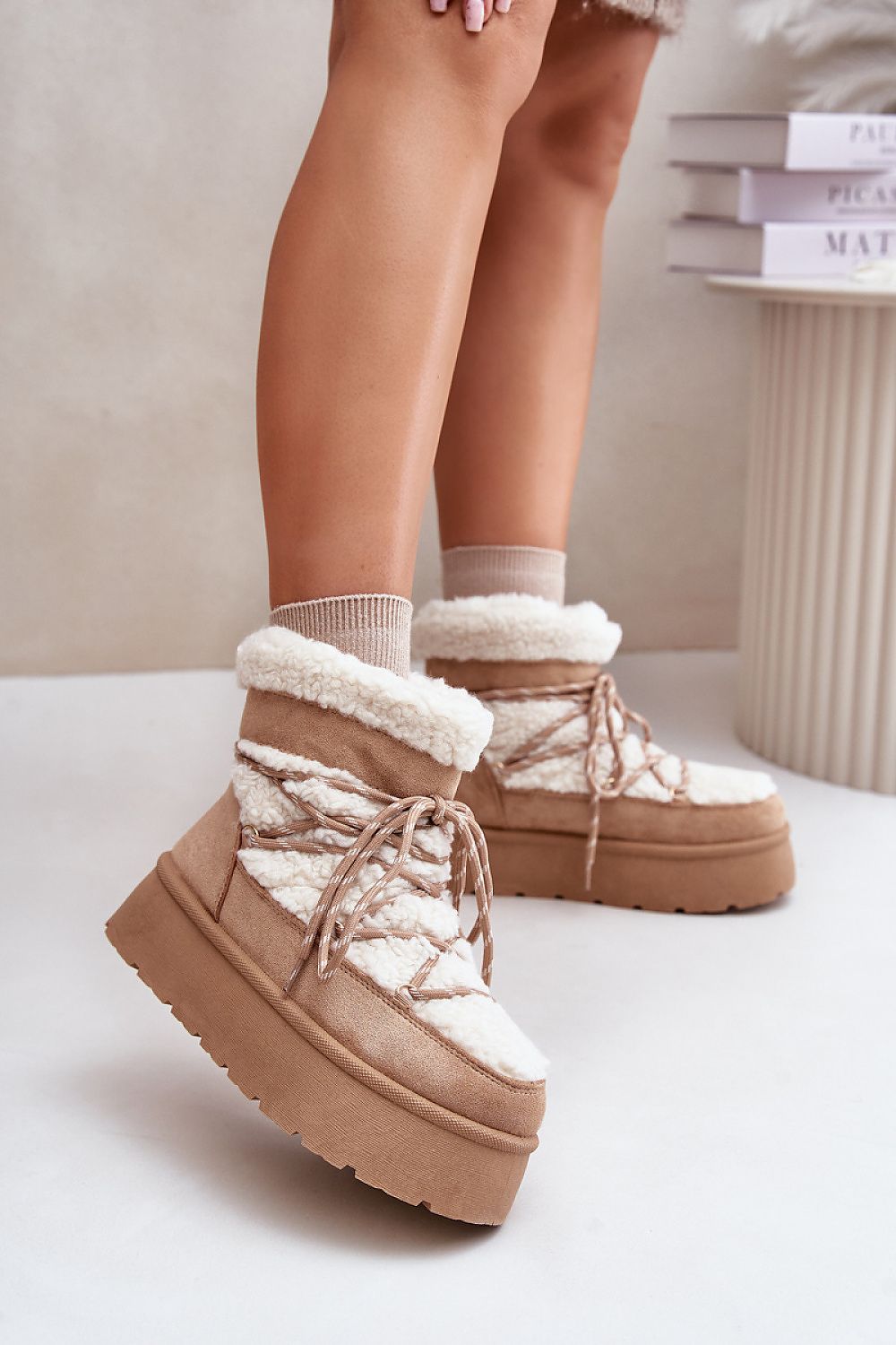 STEP IN STYLE Front Lacing European Snow Boots in Beige & Black