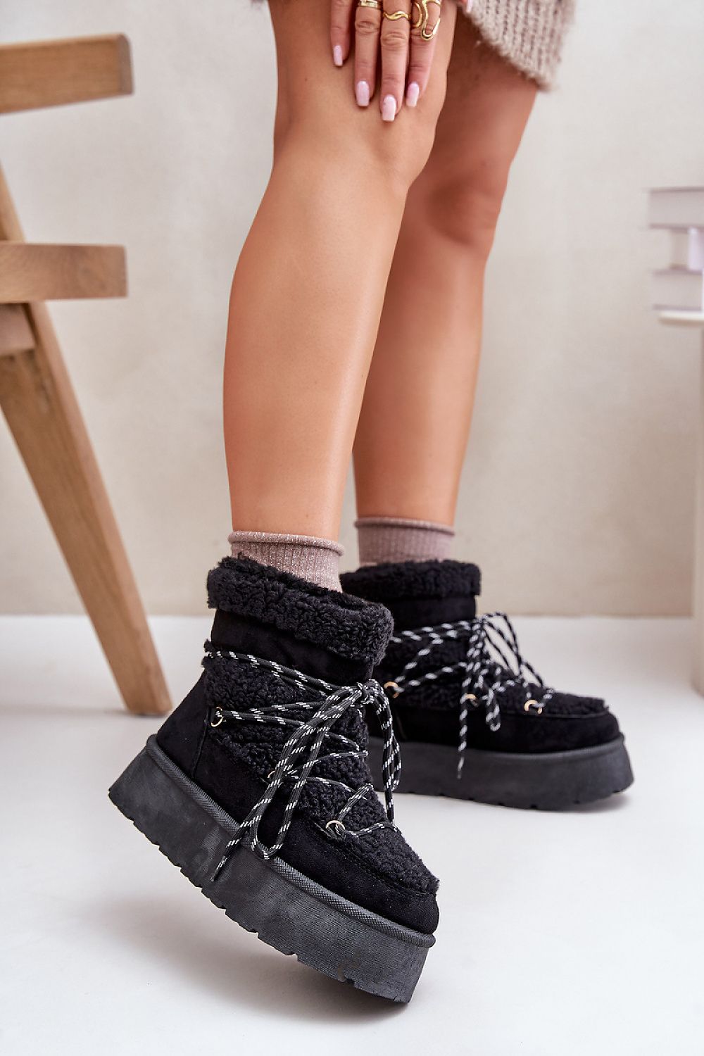 STEP IN STYLE Front Lacing European Snow Boots in Beige & Black