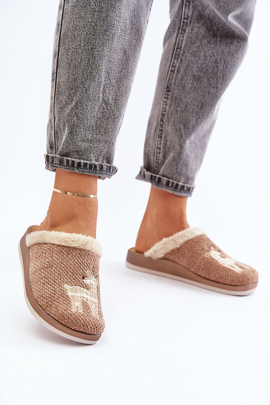 INBLU Woman's European Beige Winter Slippers with Textile & Leather Material