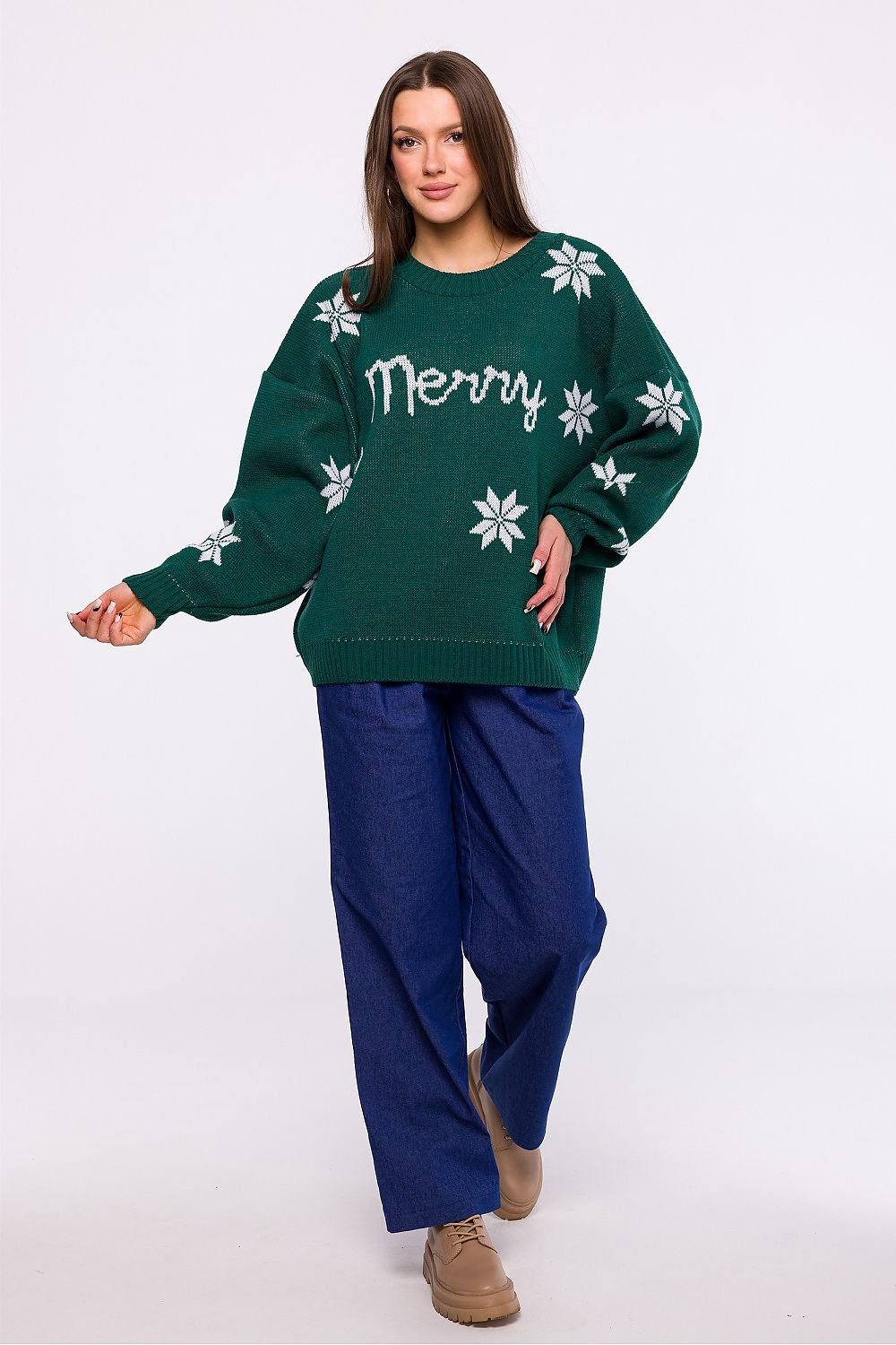 MOE Green "Merry" Written Oversized Snowflake Christmas Sweater ❄️