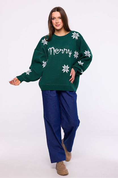 MOE Green "Merry" Written Oversized Snowflake Christmas Sweater ❄️