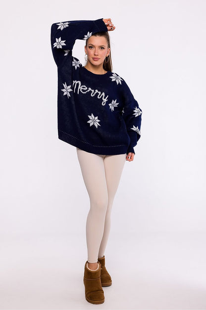 MOE Navy Blue "Merry" Written Oversized Snowflake Christmas Sweater ❄️