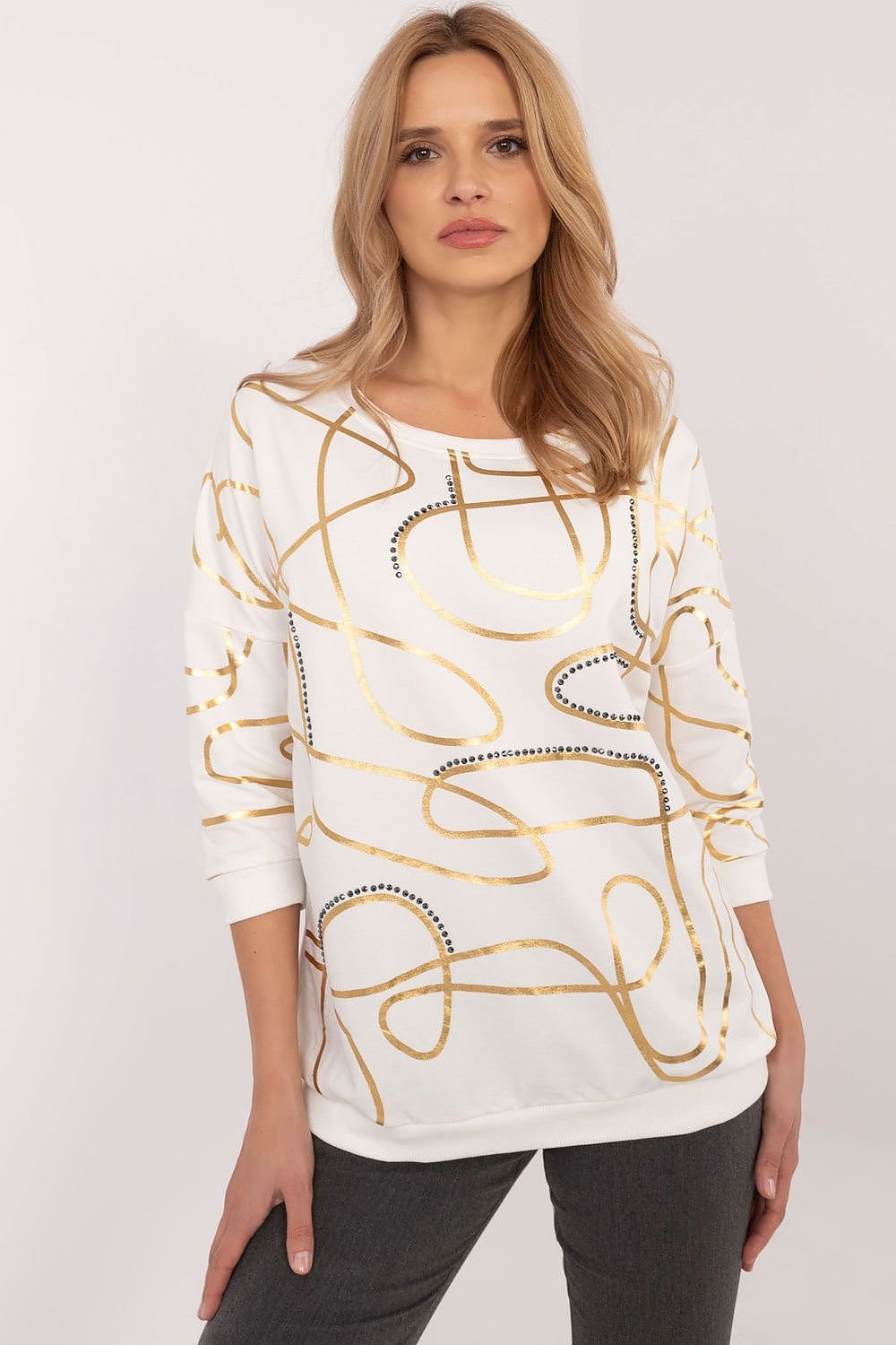 FACTORY PRICE Women's European-made 3/4 Sleeves Blouse with Golden Abstract Art