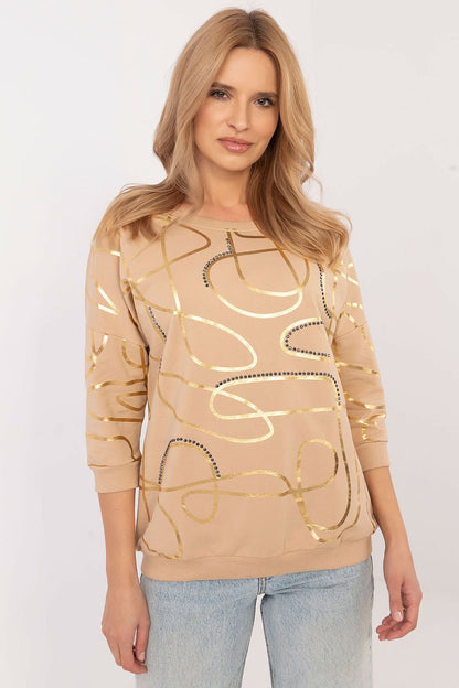 FACTORY PRICE Women's European-made 3/4 Sleeves Blouse with Golden Abstract Art