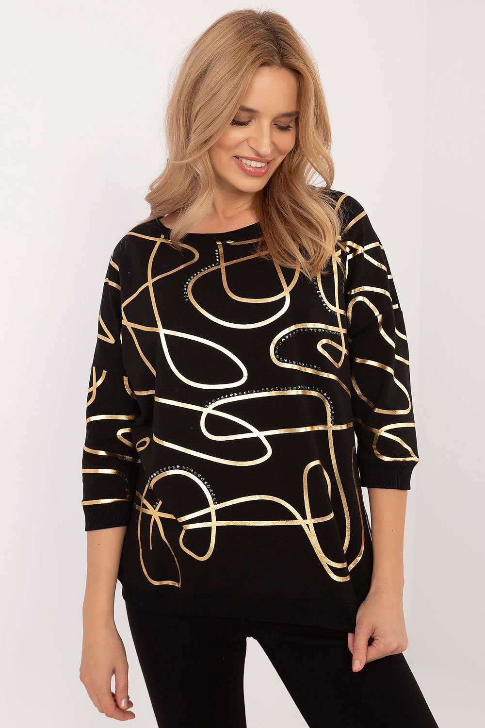 FACTORY PRICE Women's European-made 3/4 Sleeves Blouse with Golden Abstract Art