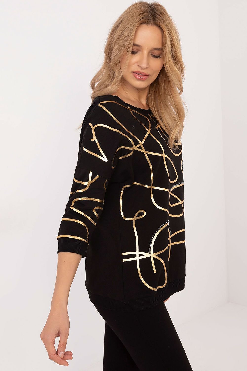 FACTORY PRICE Women's European-made 3/4 Sleeves Blouse with Golden Abstract Art