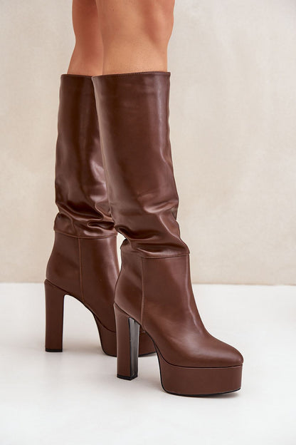 STEP IN STYLE Women's Slip-on Leather European Below-the-knee Heel Boots