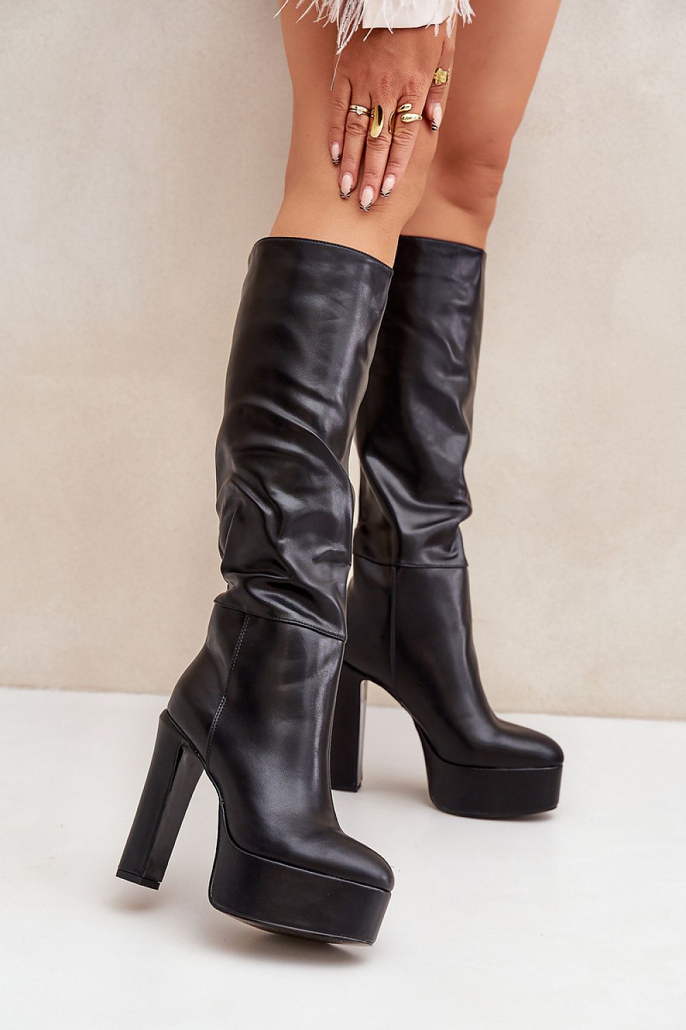 STEP IN STYLE Women's Slip-on Leather European Below-the-knee Heel Boots