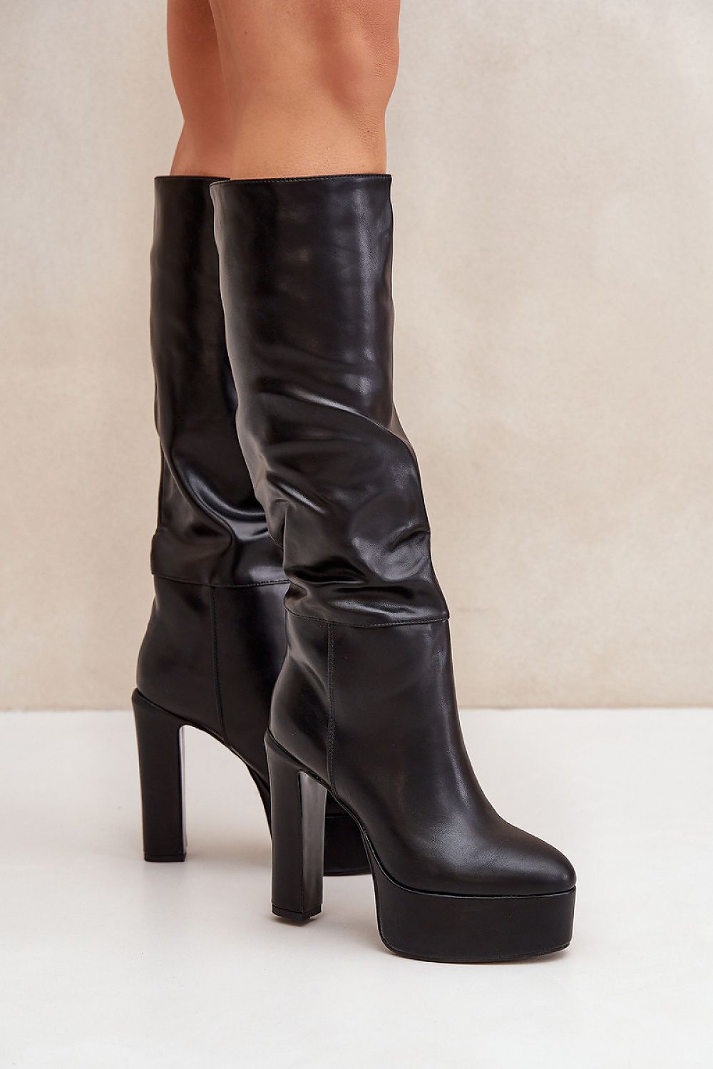 STEP IN STYLE Women's Slip-on Leather European Below-the-knee Heel Boots