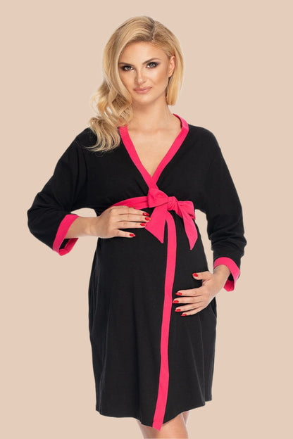 PEEKABOO Cotton-made Maternity Bathrobe with Contrasting Belt & Piping