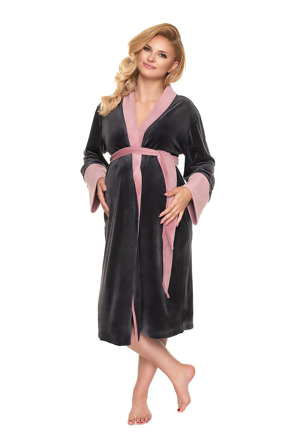 PEEKABOO Belted Velvet Maternity Bathrobe