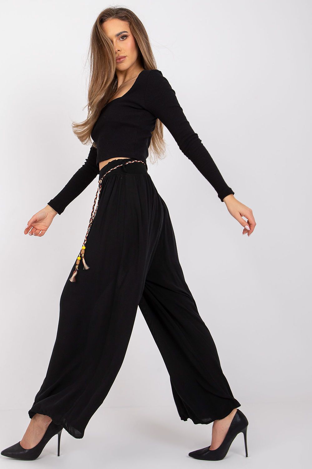 Och Bella Women High-waisted Viscose Wide-leg Pants with Decorative Belt- European Brand