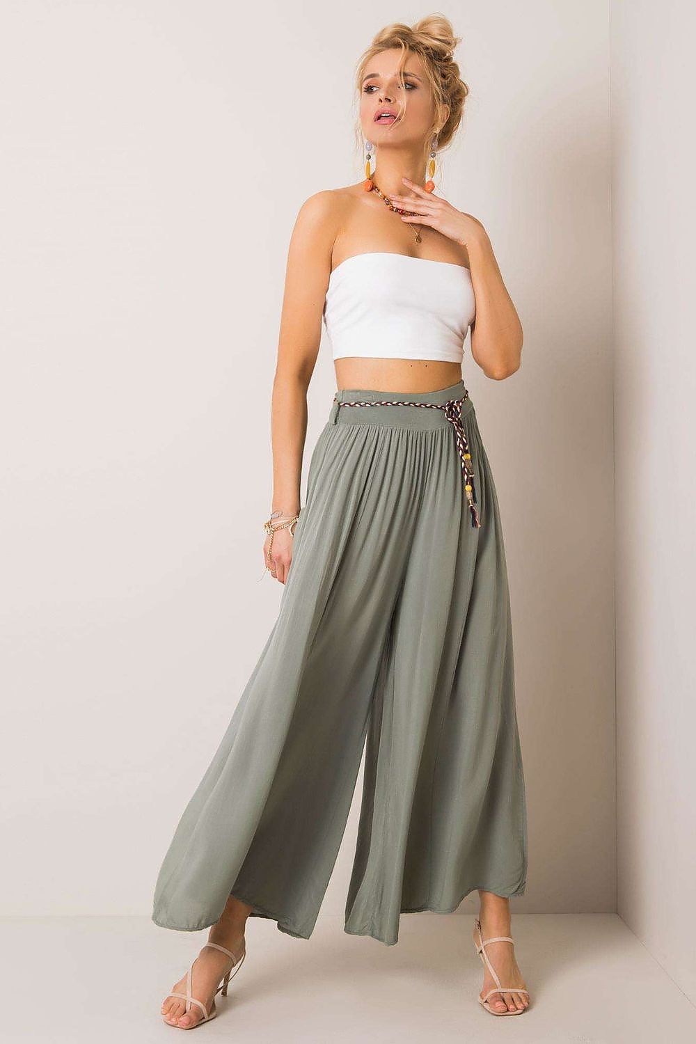 Och Bella Women High-waisted Viscose Wide-leg Pants with Decorative Belt- European Brand