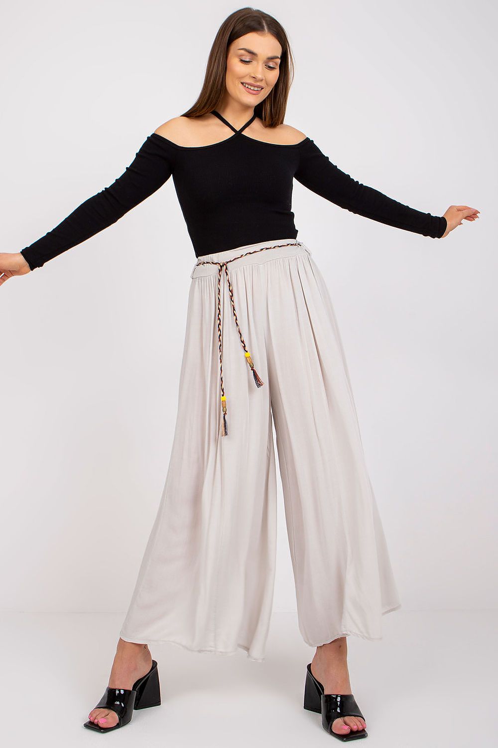 Och Bella Women High-waisted Viscose Wide-leg Pants with Decorative Belt- European Brand