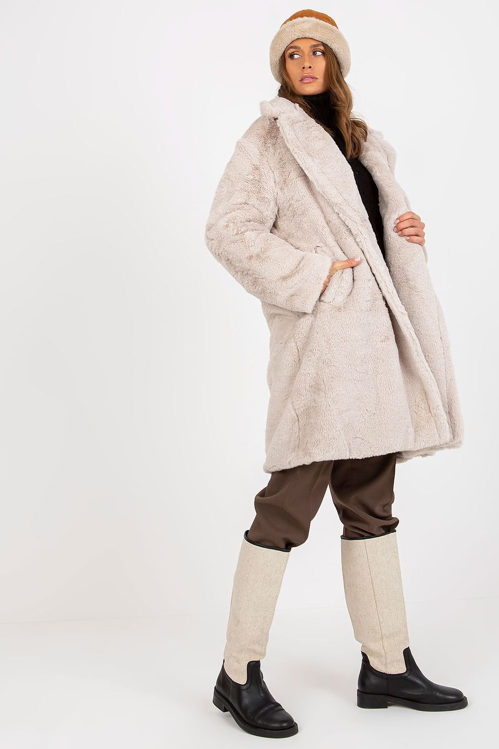 OCH BELLA Luxurious European Knee-length Fur Coat with Side Pockets