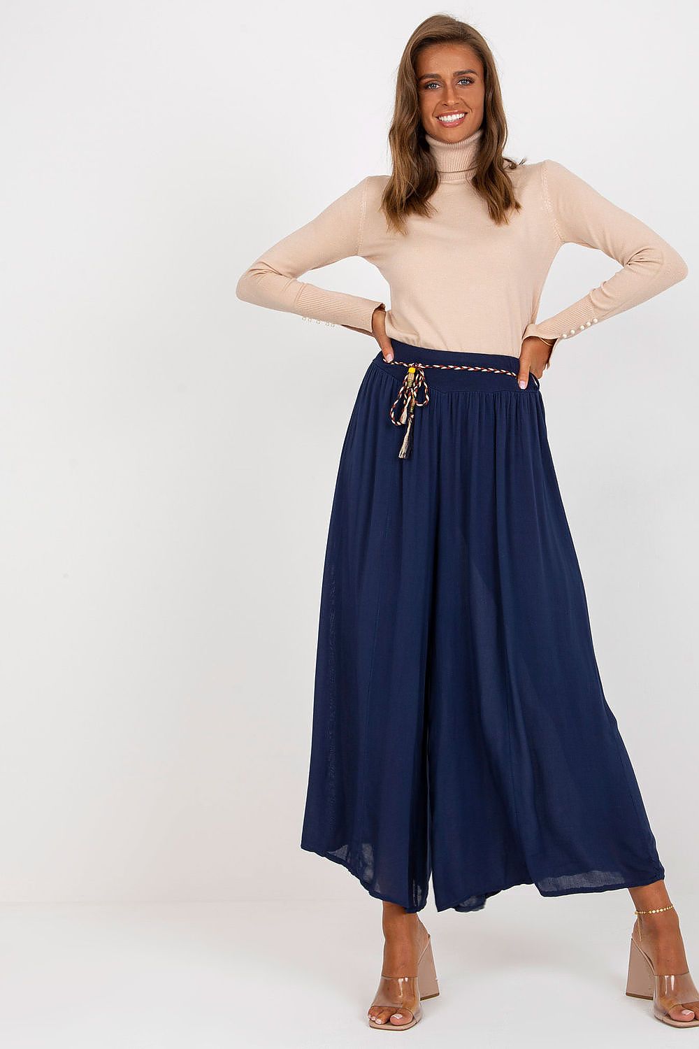 Och Bella Women High-waisted Viscose Wide-leg Pants with Decorative Belt- European Brand