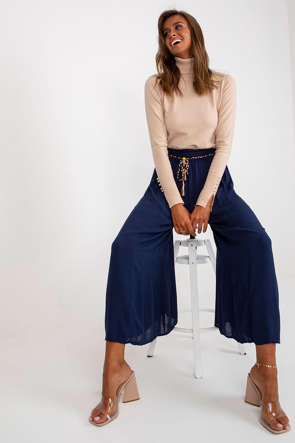 Och Bella Women High-waisted Viscose Wide-leg Pants with Decorative Belt- European Brand