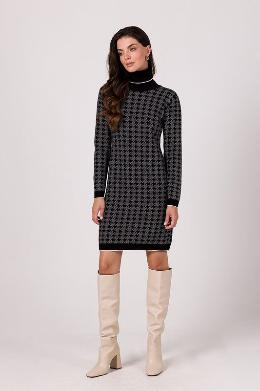 BE KNIT Women's European-made Houndtooth Turtleneck Sweater Dress