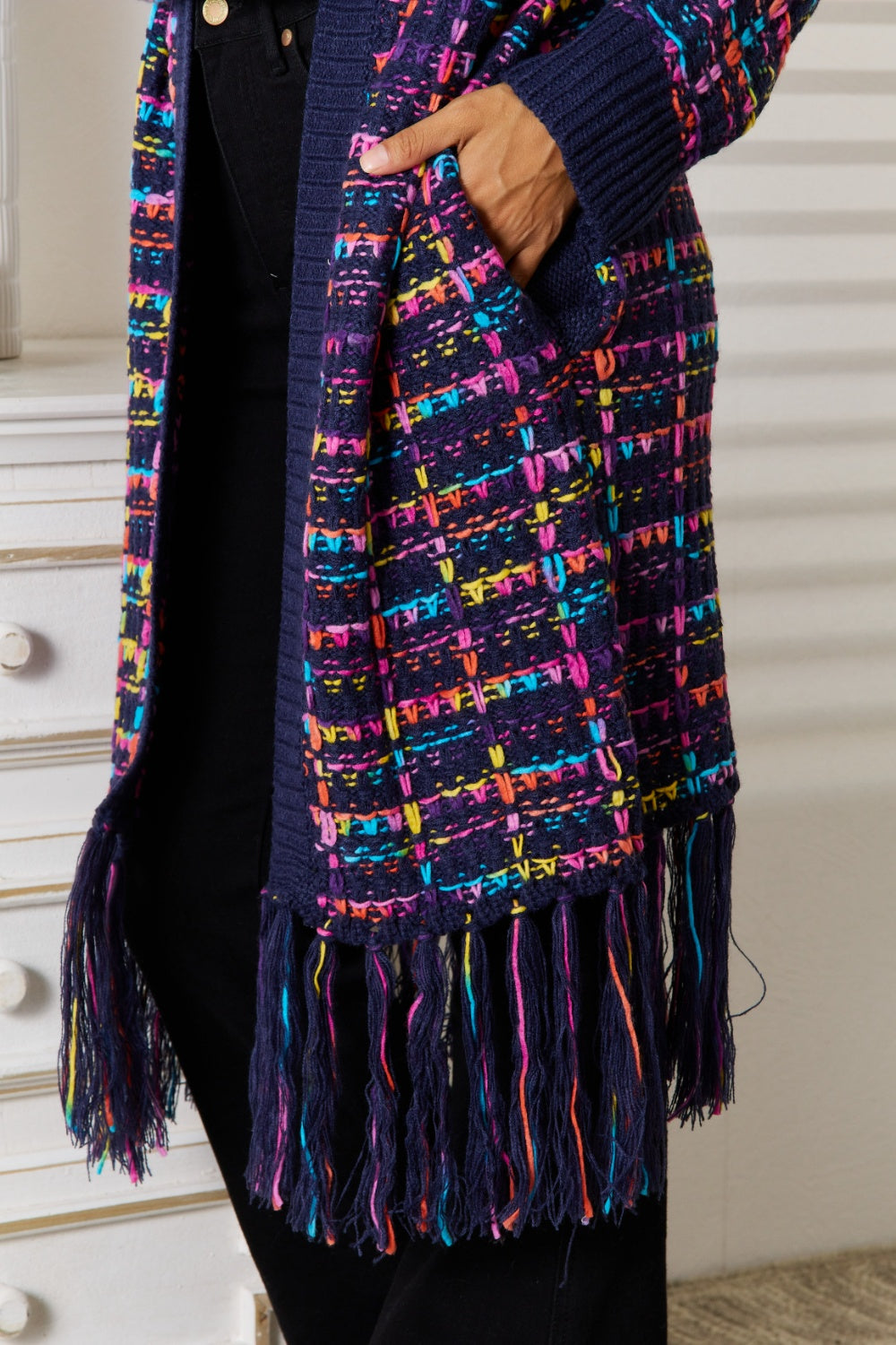 Multi-color Fringe Hem Open Front Autumn Cardigan with Tassell