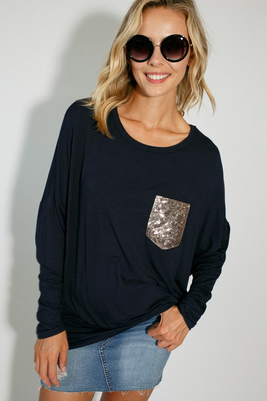 E LUNA Dolman Long Sleeves Top with Sequined Pocket