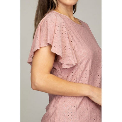 Embroidered eyelet top with wing sleeve