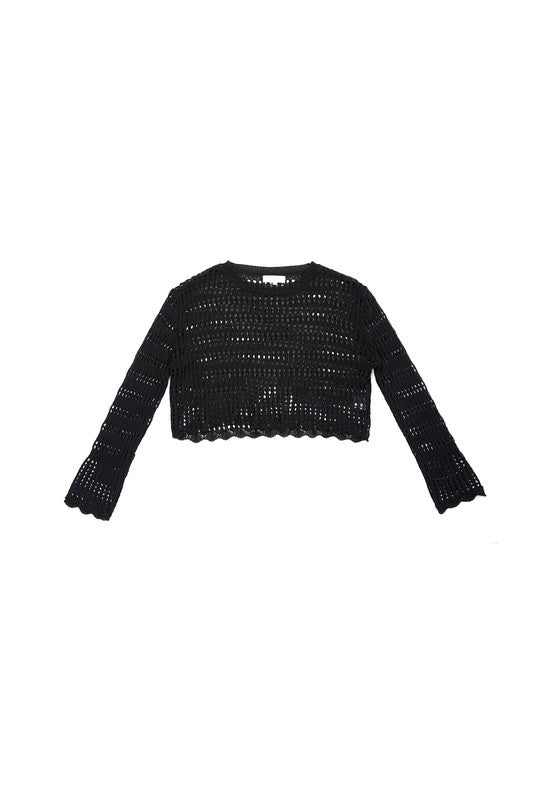 LILOU Black Mesh Knit Crop Cover Top