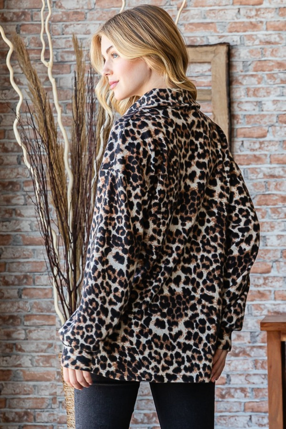 HEIMISH Full Size Leopard Johnny Collar Long Sleeve Top