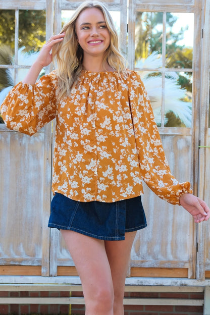 HAILEY & Co. Floral Off-Shoulder Fall transitional Balloon Sleeve Blouse in Color Mustard