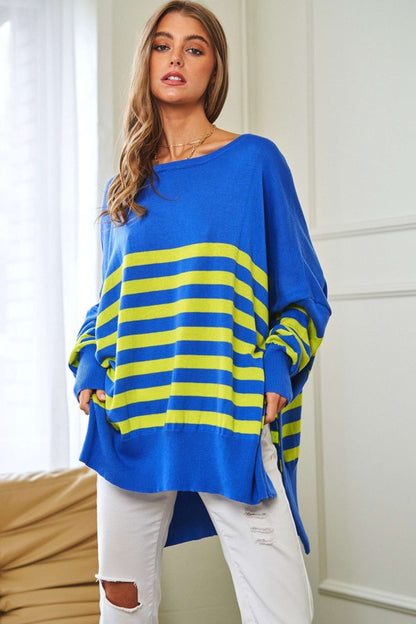 DAVI & DANI Multi Striped Elbow Patch Loose Fit Sweater Top