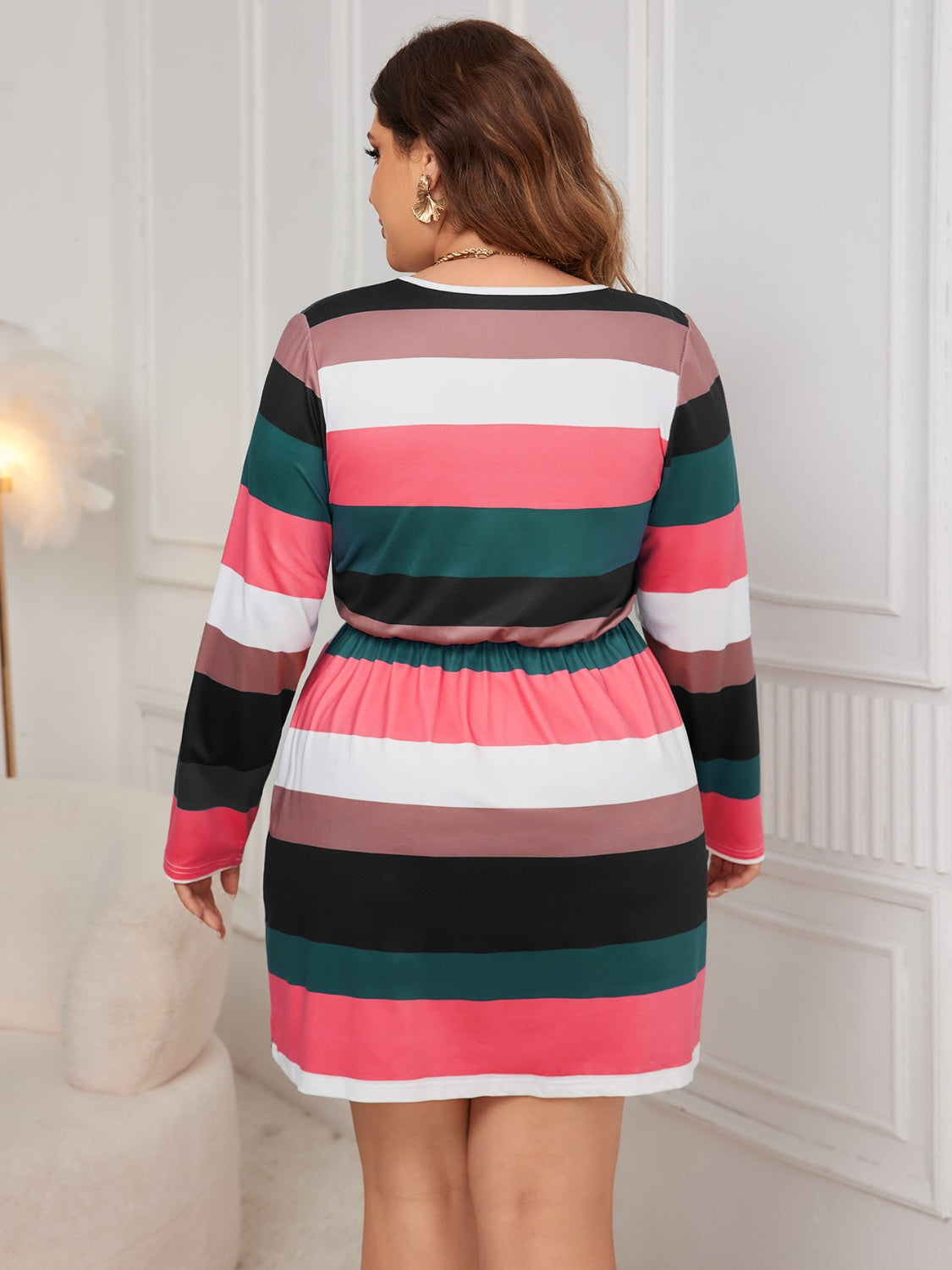 HONEY Plus Size Burnt Coral Striped Long Sleeve Mini Dress