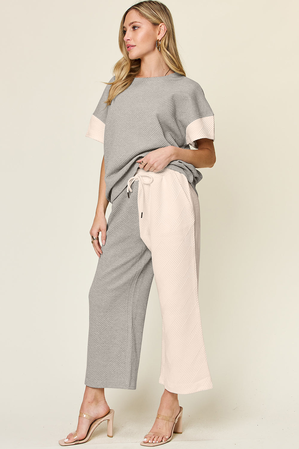 DOUBLE TAKE Full Size Texture Contrast T-Shirt and Wide Leg Pants Set