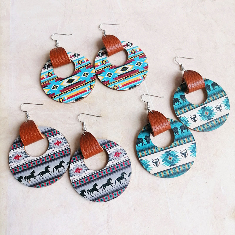 Round Wooden Western Dangle Earrings