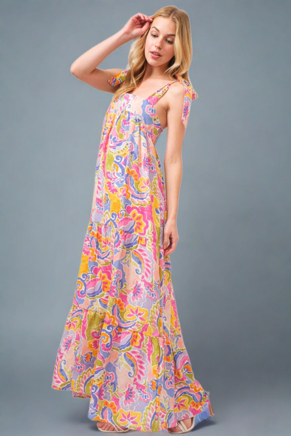 AND THE WHY Full Size Printed Tie Shoulder Tiered Maxi Dress