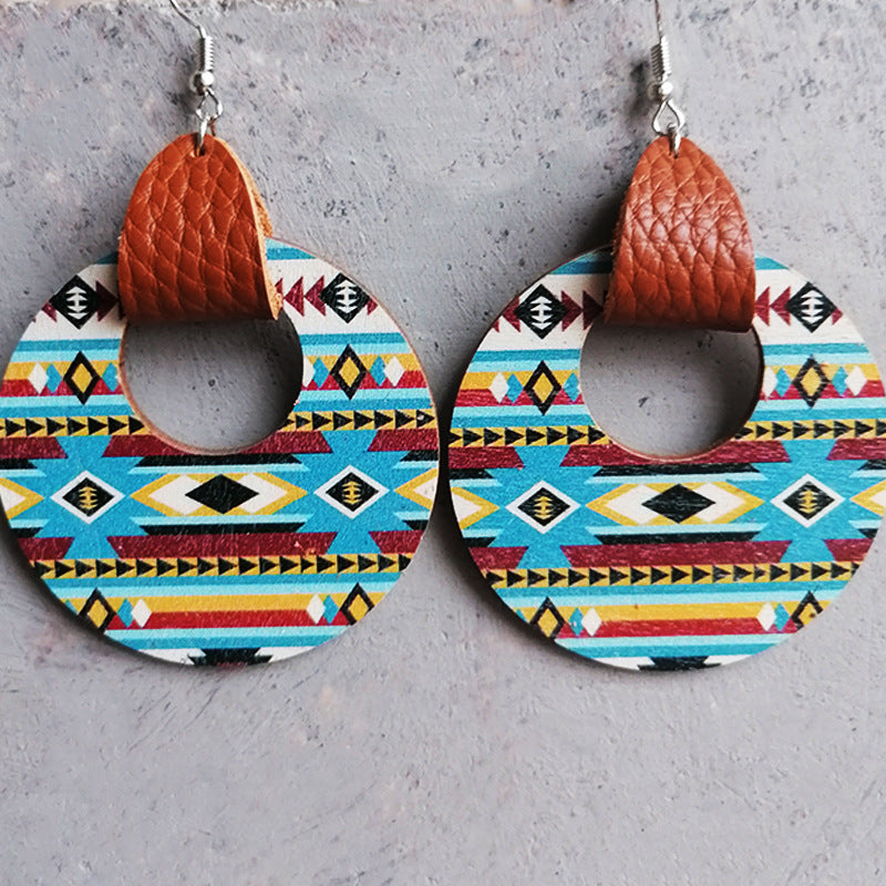 Round Wooden Western Dangle Earrings