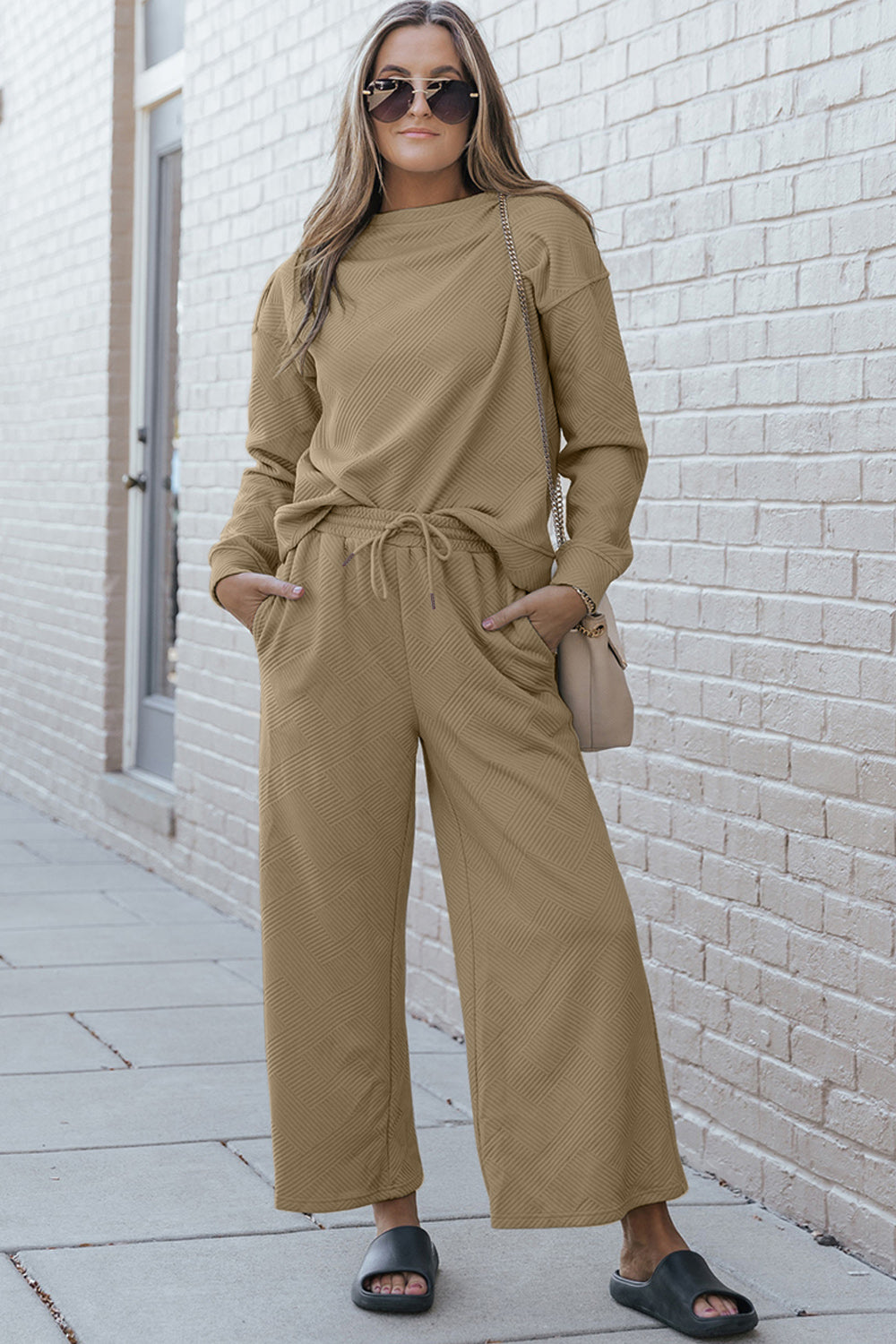 double take Full Size Textured Long Sleeve Top and Drawstring Pants Set