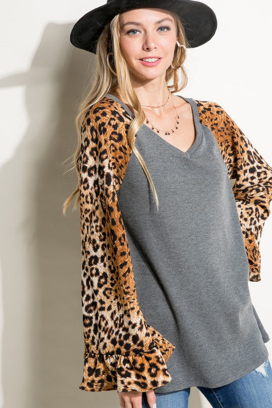 PLUS SOLID CHEETAH MIXED BLOUSE TOP