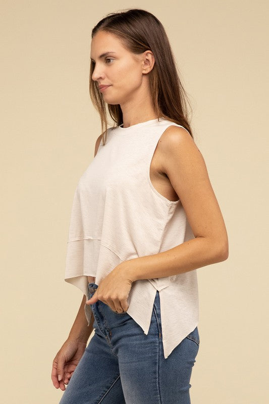 ZENANA Shark Bite Side Slit Short Sleeveless Top