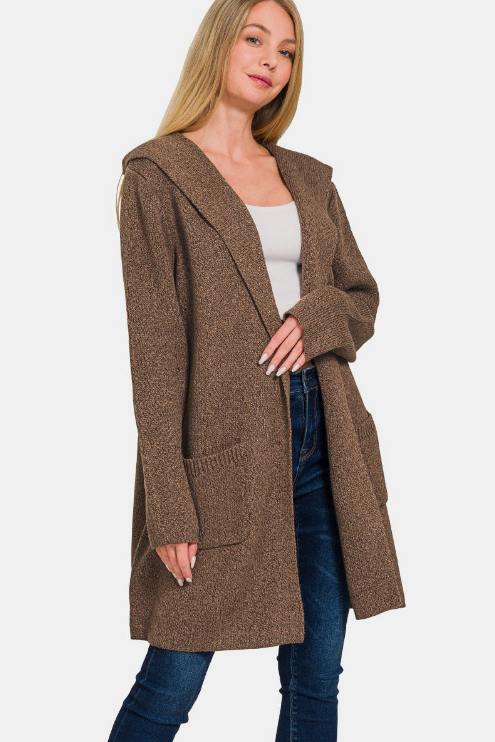 ZENANA Brown Hooded Open Front Sweater Cardigan