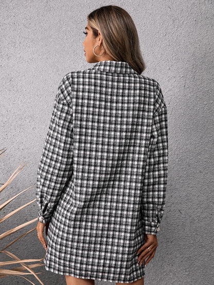 IVY LANE Pocketed Plaid Long Sleeve Mini Dress