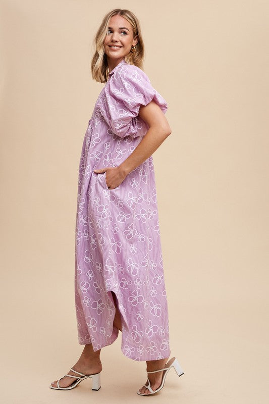 Annie Wear Women's Light Purple Floral Smock Detail Puff Sleeve Dress