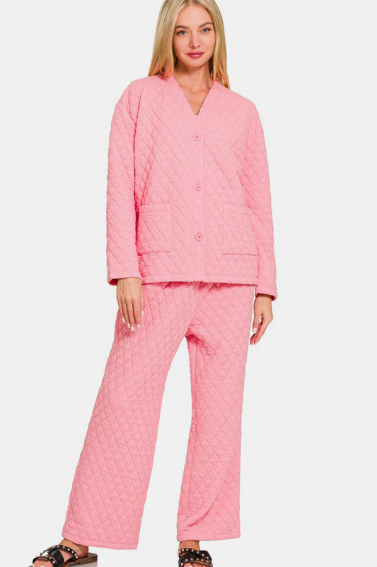 ZENANA Dark Pink Women's Quilted Button Up Long Sleeve Top and Pants Lounge Set