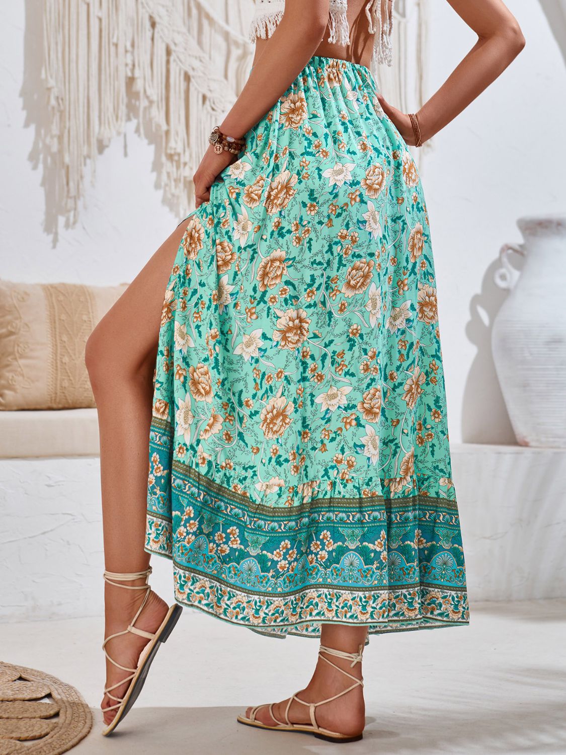 Tied Boho Printed Casual Flare Skirt