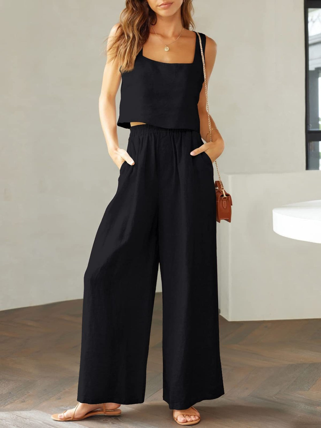 Stylish 2 Piece Square Neck Top and Wide Leg Pants Set