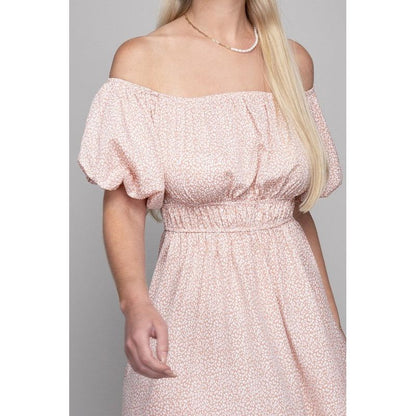 NUVI APPAREL Mini Pink Elegant Off-the-Shoulder Print Dress