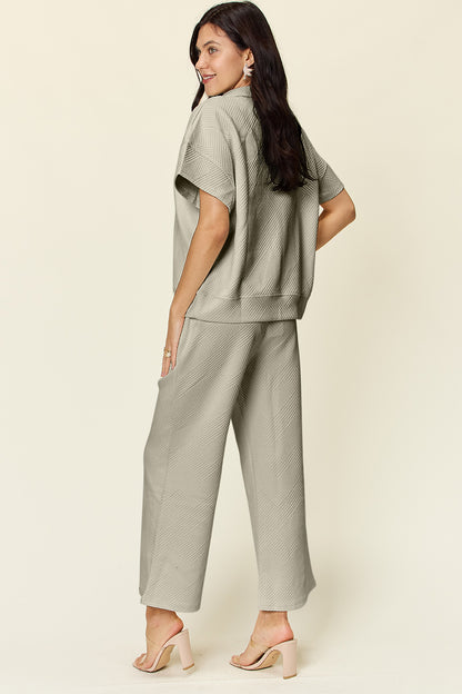 DOUBLE TAKE Full Size Texture Half Zip Short Sleeve Top and Pants Set