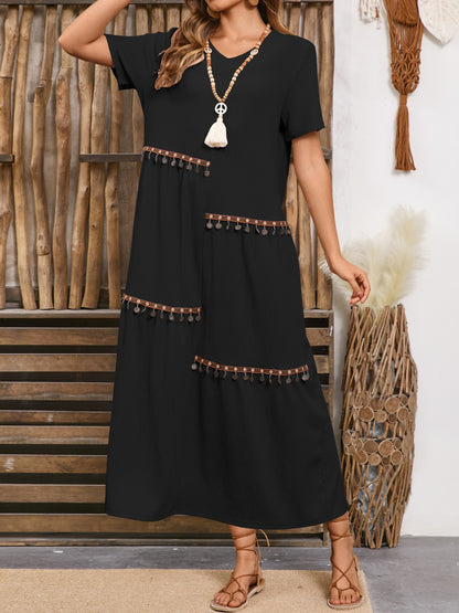 Black V-Neck Short Sleeve Maxi Boho Dress