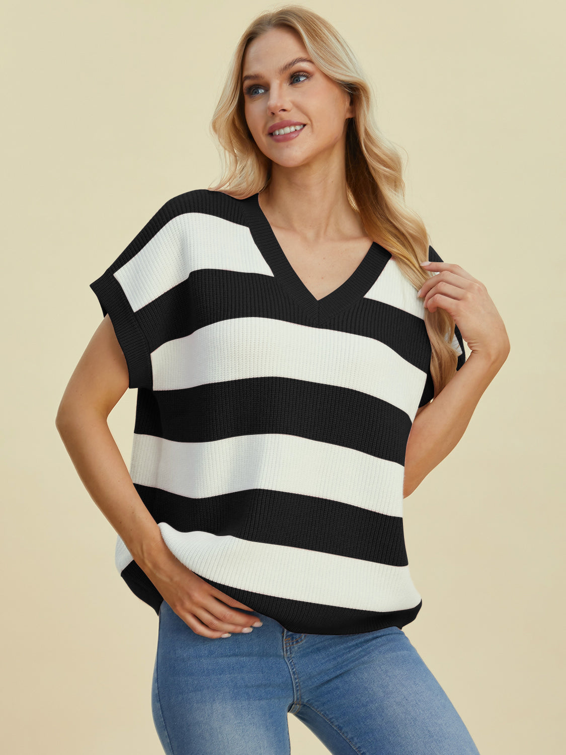 DOUBLE TAKE Full Size Striped V-Neck Short Sleeve Sweater