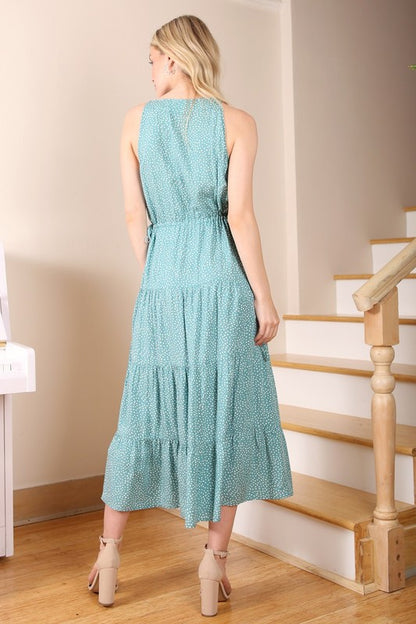 LILOU Green Polka Dot Dress with Small waist-illusion Side Tie