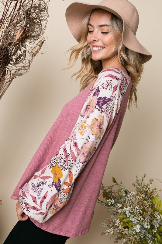 E LUNA Mauve Woven Floral Sleeve Top